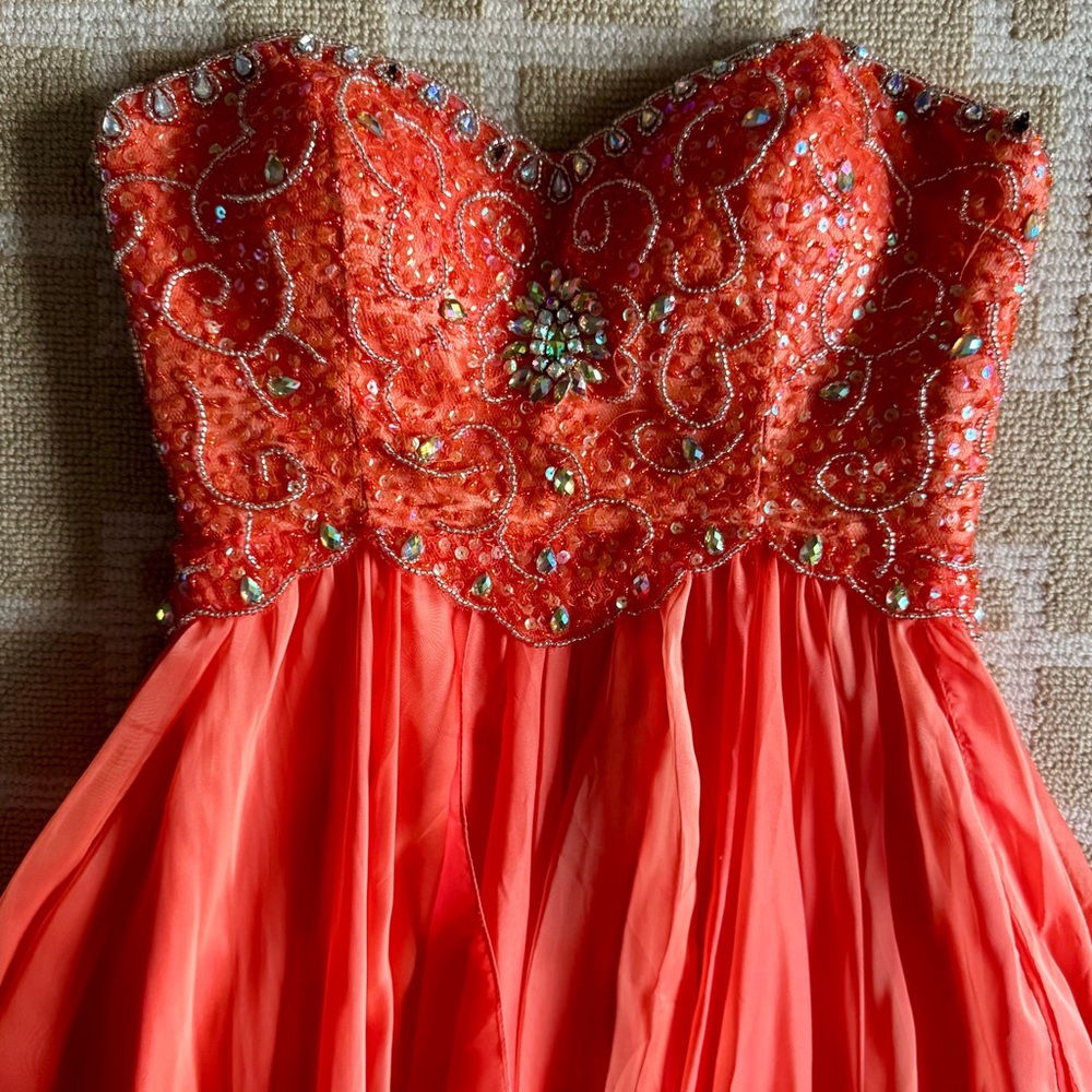 Sparkle Beaded Strapless Chiffon Gown Coral Embellished Formal Prom Dress 6 - Picture 6 of 16